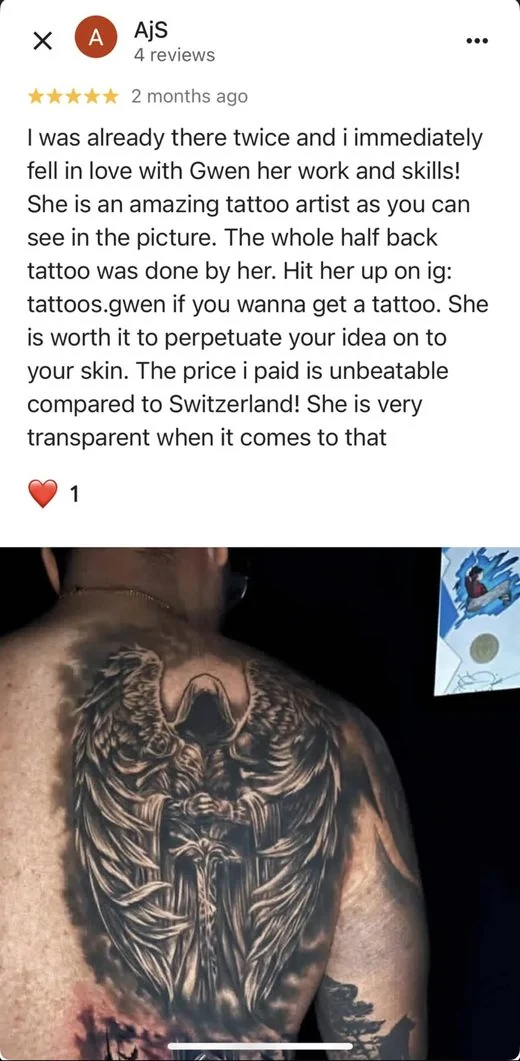 5-star Google review by AjS: half back tattoo by Gwen, transparent and unbeatable price