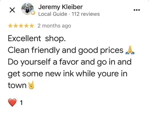 5-star Google review by Jeremy K.: excellent shop, clean, friendly and good prices