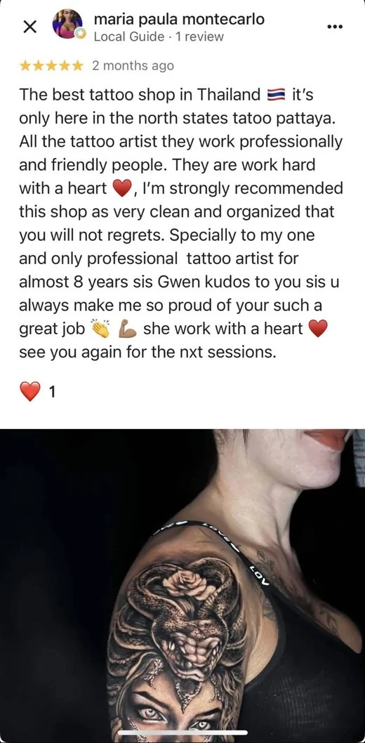 5-star Google review by Maria M.: Gwen has been my tattoo artist for almost 8 years, Medusa shoulder tattoo