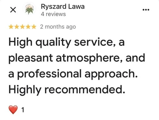 5-star Google review by Ryszard L.: high quality service, pleasant atmosphere, professional approach
