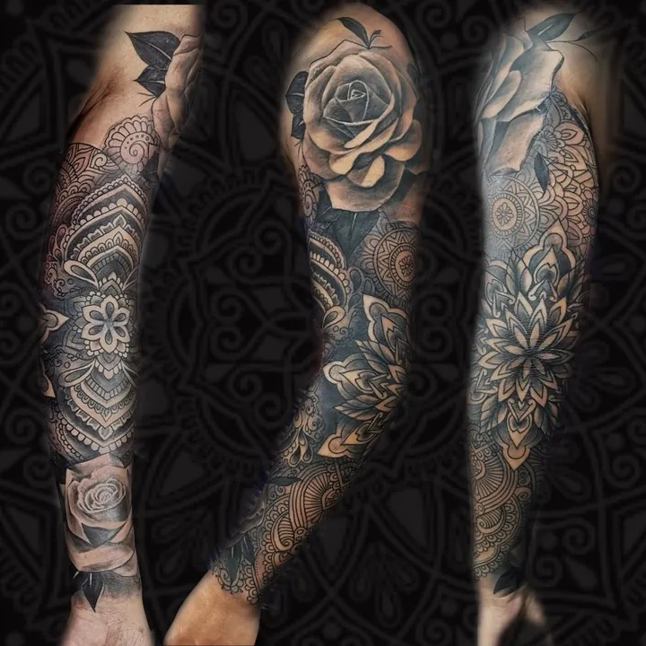 Mandala and geometric sleeve tattoos by Gwen, tattoo artist in Pattaya Thailand