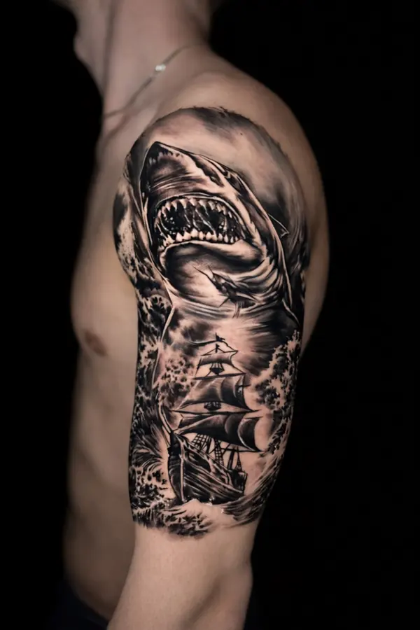 Realism tattoo by Gwen — shark and pirate ship sleeve, black and grey