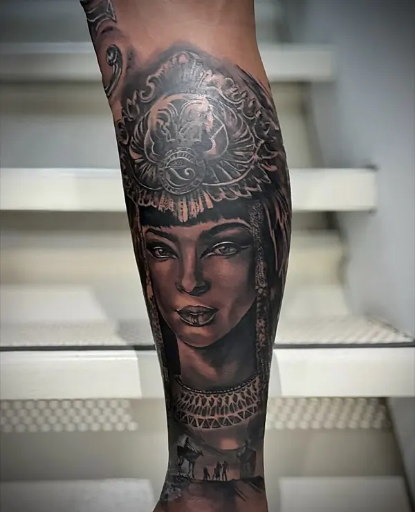 Realism tattoo by Gwen — Egyptian queen portrait, black and grey, Pattaya tattoo studio