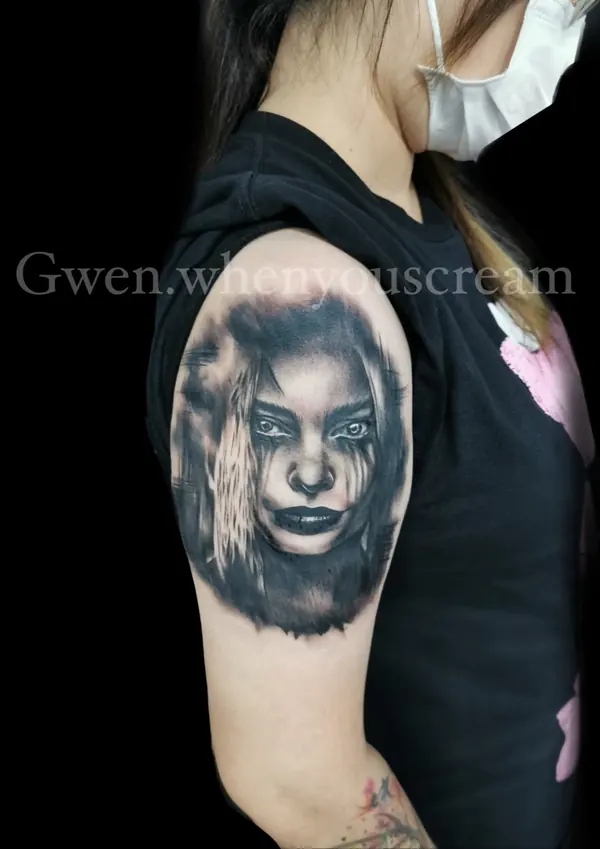 Realism tattoo by Gwen — female portrait tattoo, black and grey
