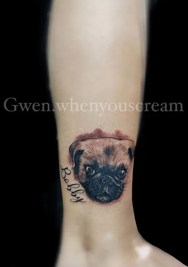 Realism tattoo by Gwen — pet portrait tattoo, black and grey